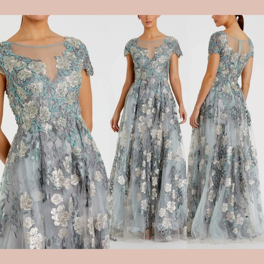 NEW Mac Duggal [ 4 ] 20294 Floral Embroidered Short Sleeve Gown in Seamist‎